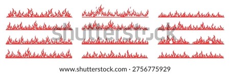 Red cartoon fire flame seamless borders and blazing frame elements vector set isolated on transparent background