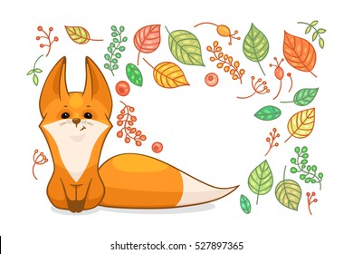 Red cartoon fox and decorations with leaves, herbs and berries, postcard template, vector illustration isolated on white background