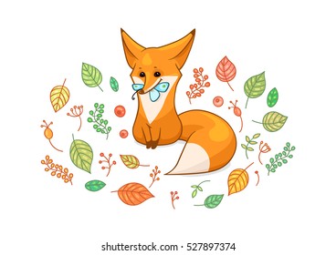 Red cartoon fox and decorations with leaves, herbs and berries, vector illustration isolated on white background