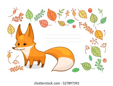 Red cartoon fox and decorations with leaves, herbs and berries, postcard template, vector illustration isolated on white background