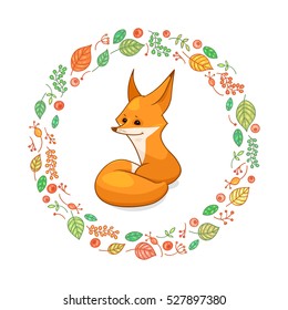 Red cartoon fox in round floral frame, postcard template, vector illustration isolated on white background