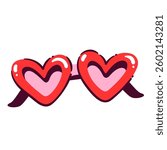 Red cartoon glasses heart shape. Funny girly funky spectacles with pink glass for beach party, carnival. Summer accessory mascot, sunglasses of cartoon girl vector illustration