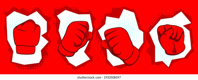 Red cartoon hand in gloves making signs. Vector illustration on a red background. Cute versions of negative finger symbols.
