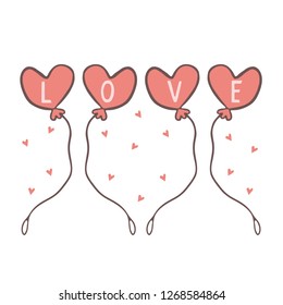 Red cartoon heart shaped balloons with love letteri. Hand drawn illustration. Cute kawaii style floating party confetti. St Valentines Day, weddings, birthday or new babay banner.