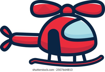 Red cartoon helicopter with blue windows and skids, suitable for children's illustration. Helicopter toy.