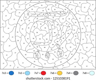 Red cartoon helicopter. Math activity worksheet. Multiplication table. Color by number educational game for kids