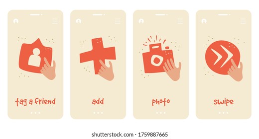 Red Cartoon Icons For Mobile On Beige Background. Vector Icons Set For Social Media Template. Tag A Friend, Add, Photo, Swipe Icons