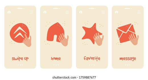 Red cartoon icons for mobile on beige background. Vector icons set template for social media template. Swipe up, home, favorite, message icons