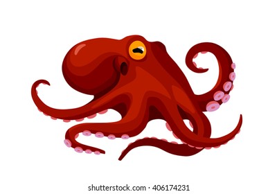 red cartoon isolated octopus with yellow eyes and lilac sucker cups