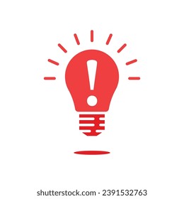 red cartoon lightbulb icon with exclamation mark. flat simple trend modern non efficient logotype design element isolated on white background. concept of think outside the box or did you know badge