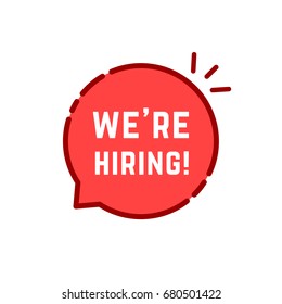 red cartoon linear we are hiring logo. flat logotype template graphic art design isolated on white background. concept of recruiter online conversation with job candidate or professional headhunter