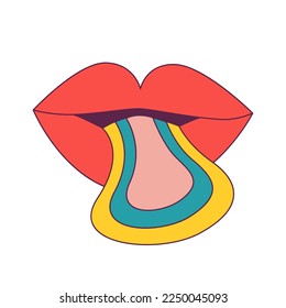 Los labios de dibujos animados rojos con la lengua del arcoiris sobresaliente. Estilo retro groovy 1970, ícono hippie vintage nostálgico. Para pegatinas de carteles. Ilustración vectorial.