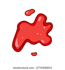 Red cartoon liquid blob creating an abstract splat and smaller drops on a white background, representing spills, stains, or liquid movement in a fun, illustrative style