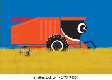 Red cartoon live harvester with  smile and eyes is cropping wheat on a field. Flat design for kids. Yellow and blue background. Countryside. Horizontal.