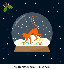 Red cartoon monkey in glass bowl with snow for winter holidays greeting card template