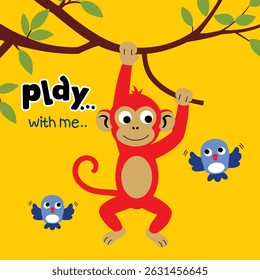 Red cartoon monkey hanging from tree branch with cheerful birds and playful message on yellow background. Children jungle concept
