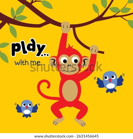 Red cartoon monkey hanging from tree branch with cheerful birds and playful message on yellow background. Children jungle concept
