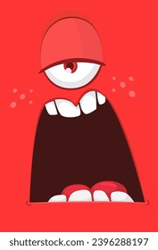 Red cartoon monster face with one eye.  Illustration of cute and happy monster yawning expression.
 Halloween design. Great for party decoration