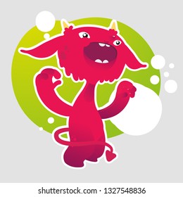 Red cartoon monster mascot. Halloween funny monsters with horns Comic joyful monster character.