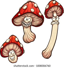 Red cartoon mushrooms with different faces. Vector clip art illustration with simple gradients. Each on a separate layer. 
