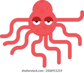 Red cartoon octopus with a grumpy expression and extended tentacles.