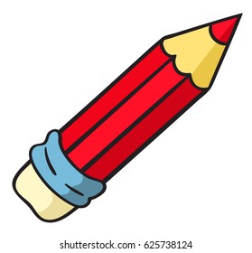 Red cartoon pencil. Vector sketch illustration. Isolated on white.