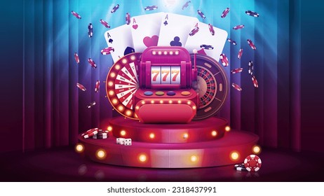 Red cartoon podium with Casino elements and bulbs lights.