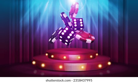 Red cartoon podium with neon dice with red and black gambling stack of casino chips