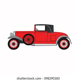 Red cartoon retro car. Vector old vintage convertible.