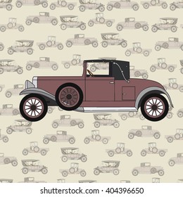 Red cartoon retro car. Vector old vintage convertible.