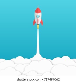 Red cartoon rocket. Background for your projects. White cloud of smoke. Advertising poster for the site. Modern design. Vector illustration in a flat style