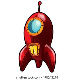 Red cartoon rocket isolated on white background. Vector illustration.
