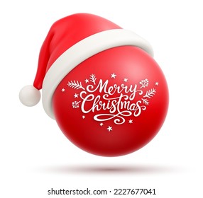 Red cartoon Santa Claus Christmas hat on simple red ball with hand lettering calligraphy isolated on white background. Merry Christmas and Happy New Year concept. Vector illustration