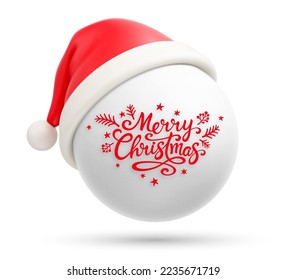 Red cartoon Santa Claus Christmas hat on simple white ball with red hand lettering calligraphy isolated on white background. Merry Christmas and Happy New Year concept. Vector illustration