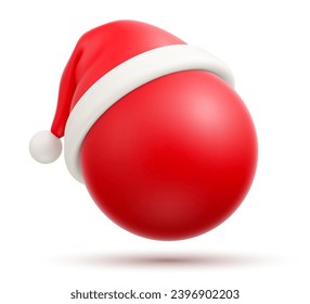 Red cartoon Santa Claus Christmas hat on simple red ball isolated on white background. Merry Christmas and Happy New Year concept for christmas greeting or invitation card. Vector illustration