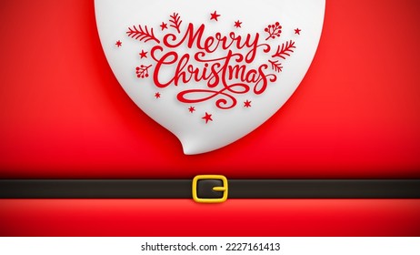 Red cartoon Santa Claus suit with beard and belt. Merry Christmas and Happy New Year concept background for christmas greeting or invitation card. Santa Claus message banner with lettering. Vector