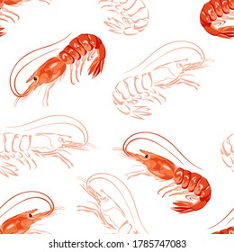 Red cartoon shrimps seamless pattern. Seafood background. Vector illustration.