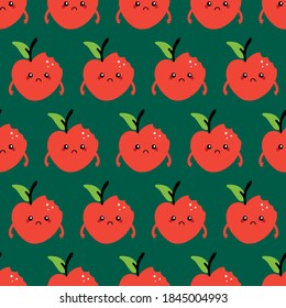 Red cartoon style sad apples characters with bite marks vector seamless pattern background.