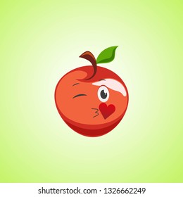 Red Cartoon Symbol apple sending an air kiss. Cute smiling apple icon  isolated on green background. Vector illustration EPS 10.