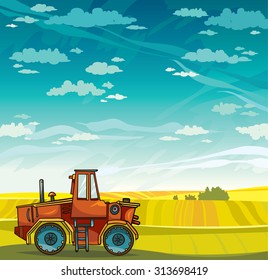 Red cartoon tractor and green field on a blue sky with clouds. Vector rural landscape.