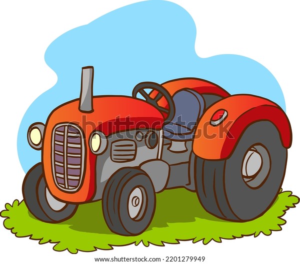 Red cartoon tractor isolated on\
white background. Heavy agricultural machinery for field\
work.