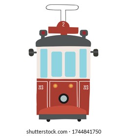 Red cartoon tram isolated on white background. 