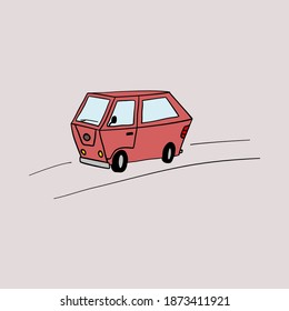Red cartoon van in childish style. Hand drawn cartoon vector illustration.