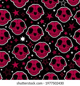 red cartoon witchcraft cat skull seamless