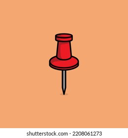 Red cartoonish thumbtack pin isolated on red background. Vector illustration ready to use for your design.	