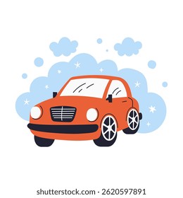 Carro vermelho em estilo cartoon rodeado por bolhas de sabão e brilhos, simbolizando veículo limpo após lavagem de carro em design de vetor plano
