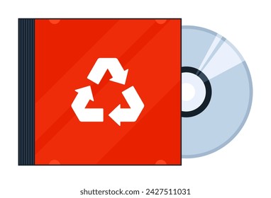 A red case with a CD and a recycling symbol in flat vector illustration style, representing Plastic #7 (polycarbonate, polylactide, and others) and the concept of plastic recycling