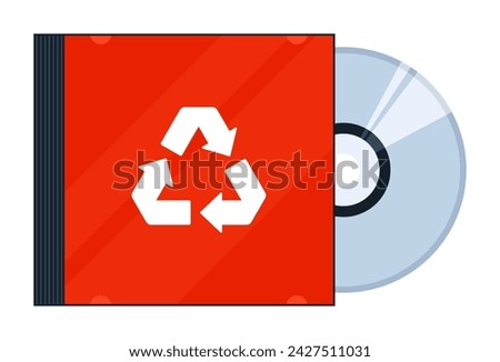 A red case with a CD and a recycling symbol in flat vector illustration style, representing Plastic #7 (polycarbonate, polylactide, and others) and the concept of plastic recycling