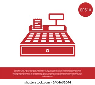 Red Cash register machine with a check icon isolated on white background. Cashier sign. Cashbox symbol. Vector Illustration