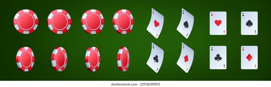 Roter Casino-Chip und Ass-Karte rotierenden Vektorset. Isolierte realistische Online-Poker-Spielsymbol-Sequenz Animation. Glücksspielkarten Glücksspiel-Wette mit Umzug und Herz-Icon rotieren Design.